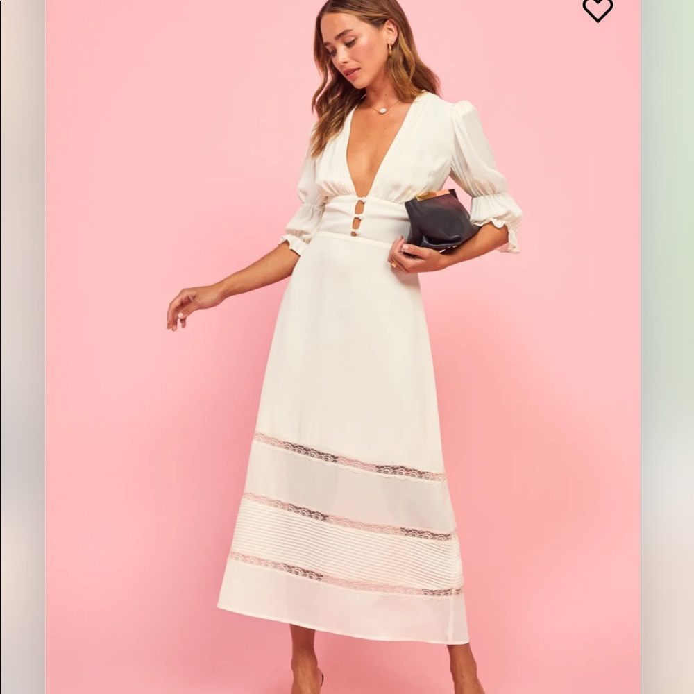 Reformation Cream Midi Dress with Lace Accents